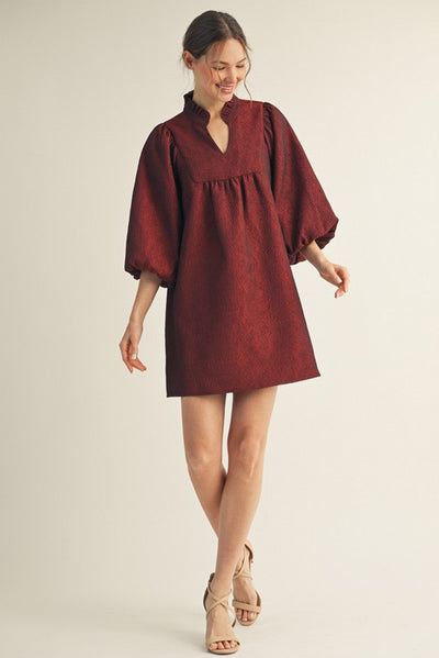 Burgundy Textured Balloon Sleeve Dress