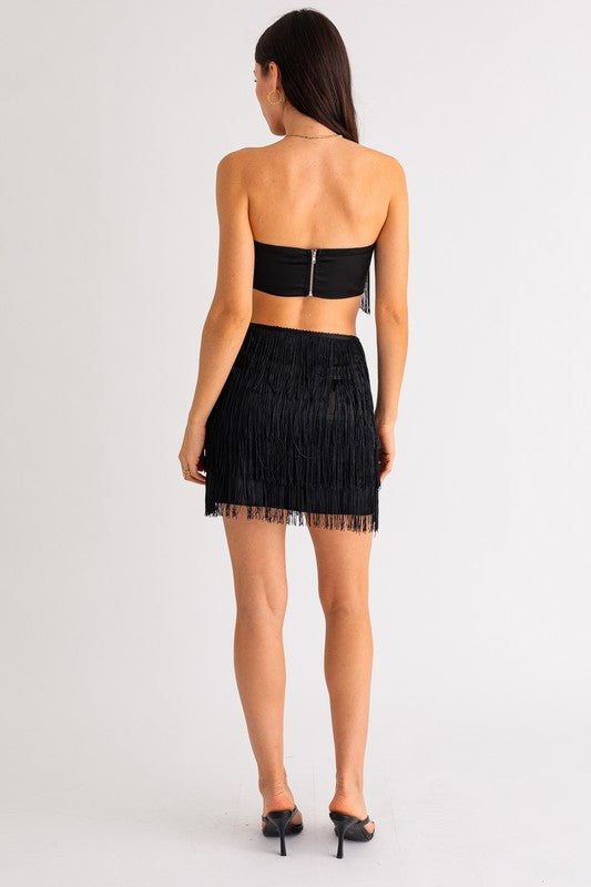 Fringe Satin Skirt Set- Black
