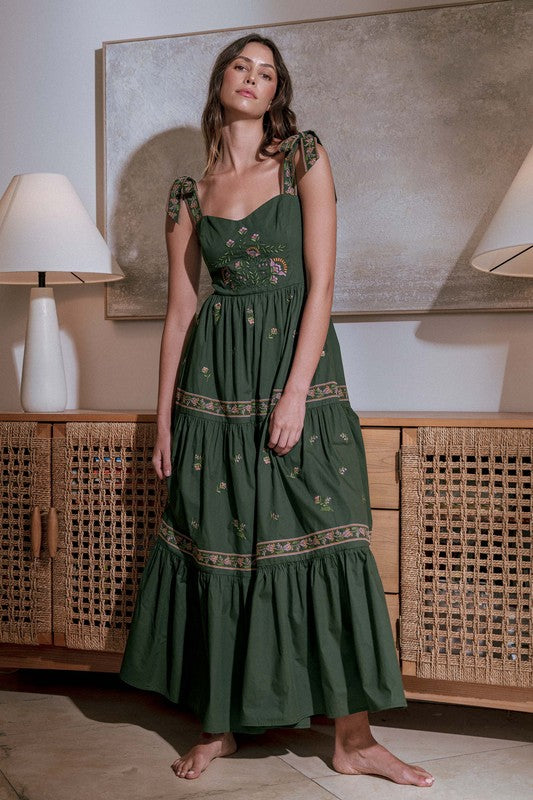 Hunter Green Embroidered Tiered Maxi Dress