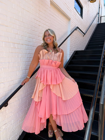 Pleated Layered Ruffle Maxi Dress- Coral Multi