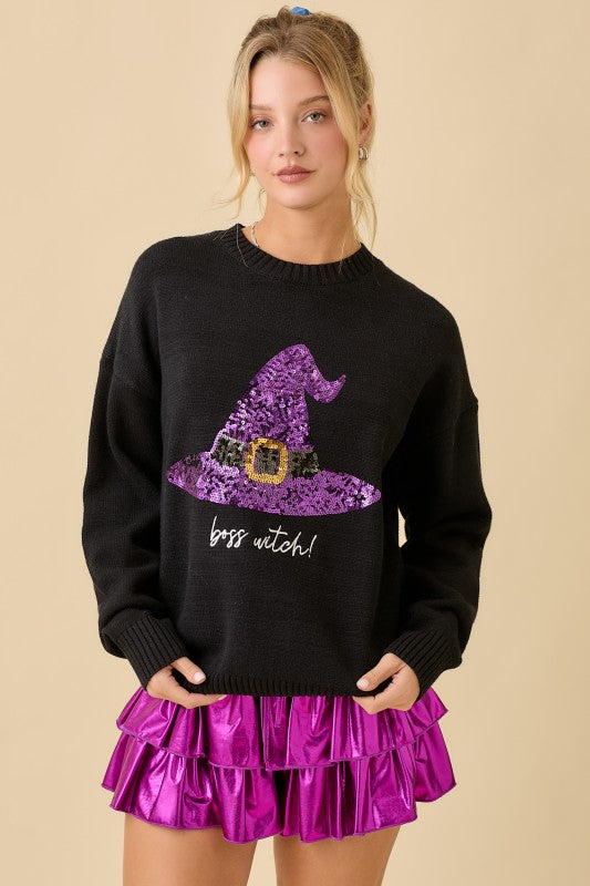 Sequin Halloween Witch Hat Sweater