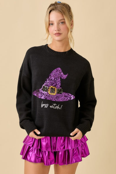 Sequin Halloween Witch Hat Sweater