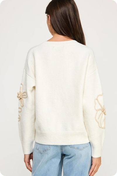 Floral Embroidered Knit Sweater- Ivory/Tan