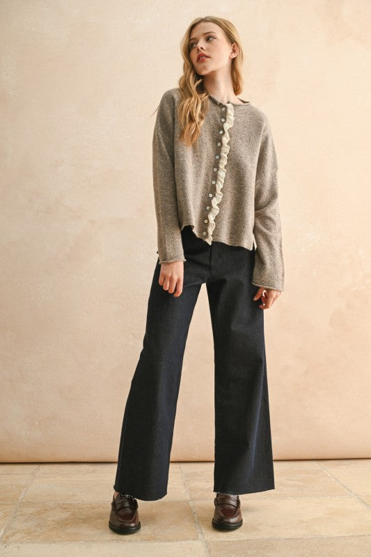 Mocha Lace Trim Cardigan Top