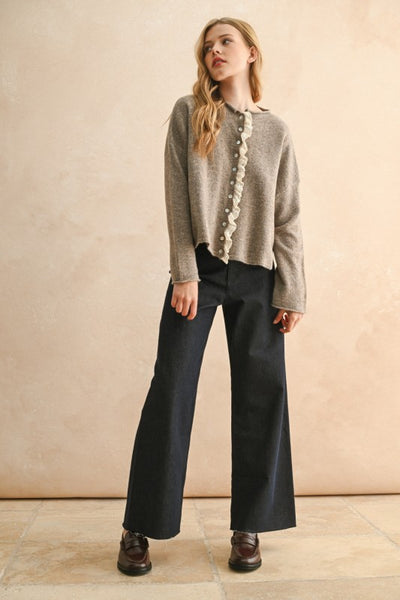 Mocha Lace Trim Cardigan Top
