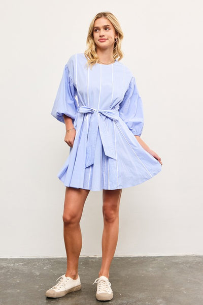 Open Pleat Fare Dress with White Piping-Periwinkle