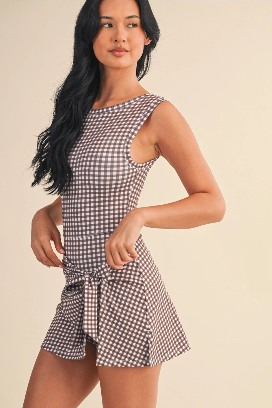 Gingham Print Sleeveless Wrap Tie Front Dress- Brown