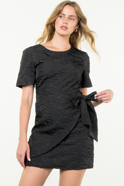 Short Sleeve Textured Wrap Dress- Black