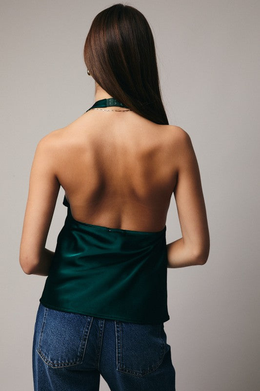 High Cowl Neck Halter Satin Top