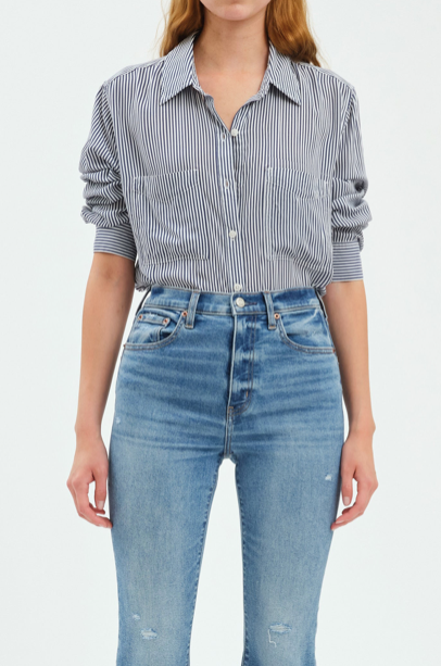 Palisades Rayon Button Up Top- Bluestone Stripe