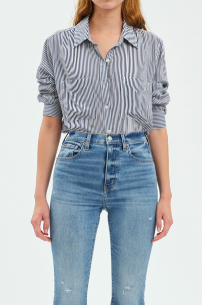 Palisades Rayon Button Up Top- Bluestone Stripe