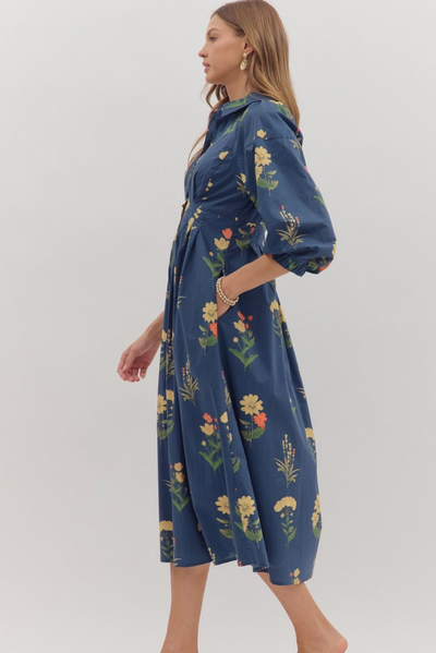 Indigo Floral Print Pleated Waist Midi Dress