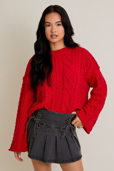 Red Oversized Cable Knit Sweater