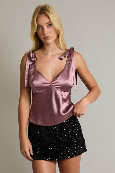 Mauve Sleeveless Bow Shoulder Satin Top
