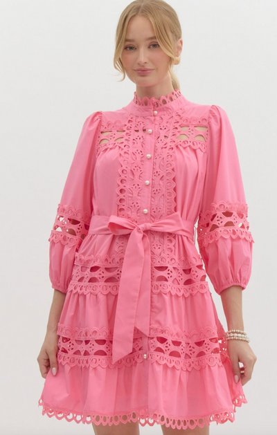 Lace Detail Long Sleeve Mini Dress- Pink