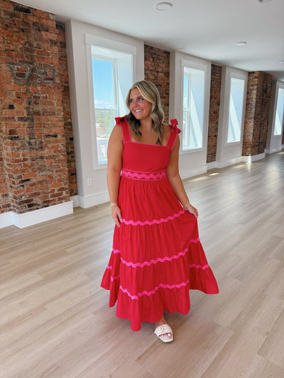 Red And Pink Ric Rac Detail Midi Dress