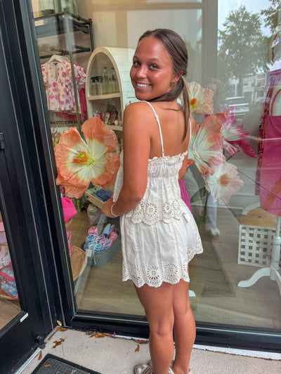 Cream Eyelet Elastic Waist Shorts