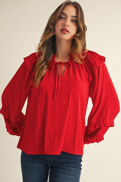 Red Ruffled Shoulder Long Sleeve Top