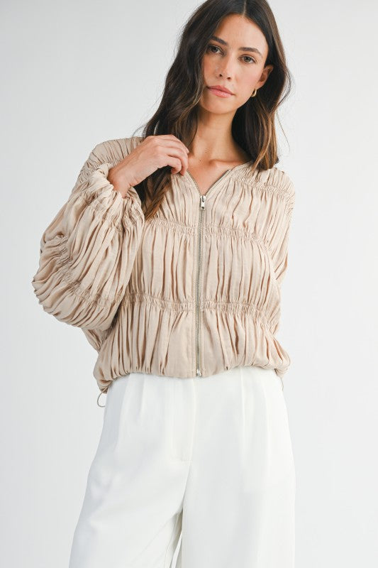 Pleated Balloon Sleeve Zip Up Jacket