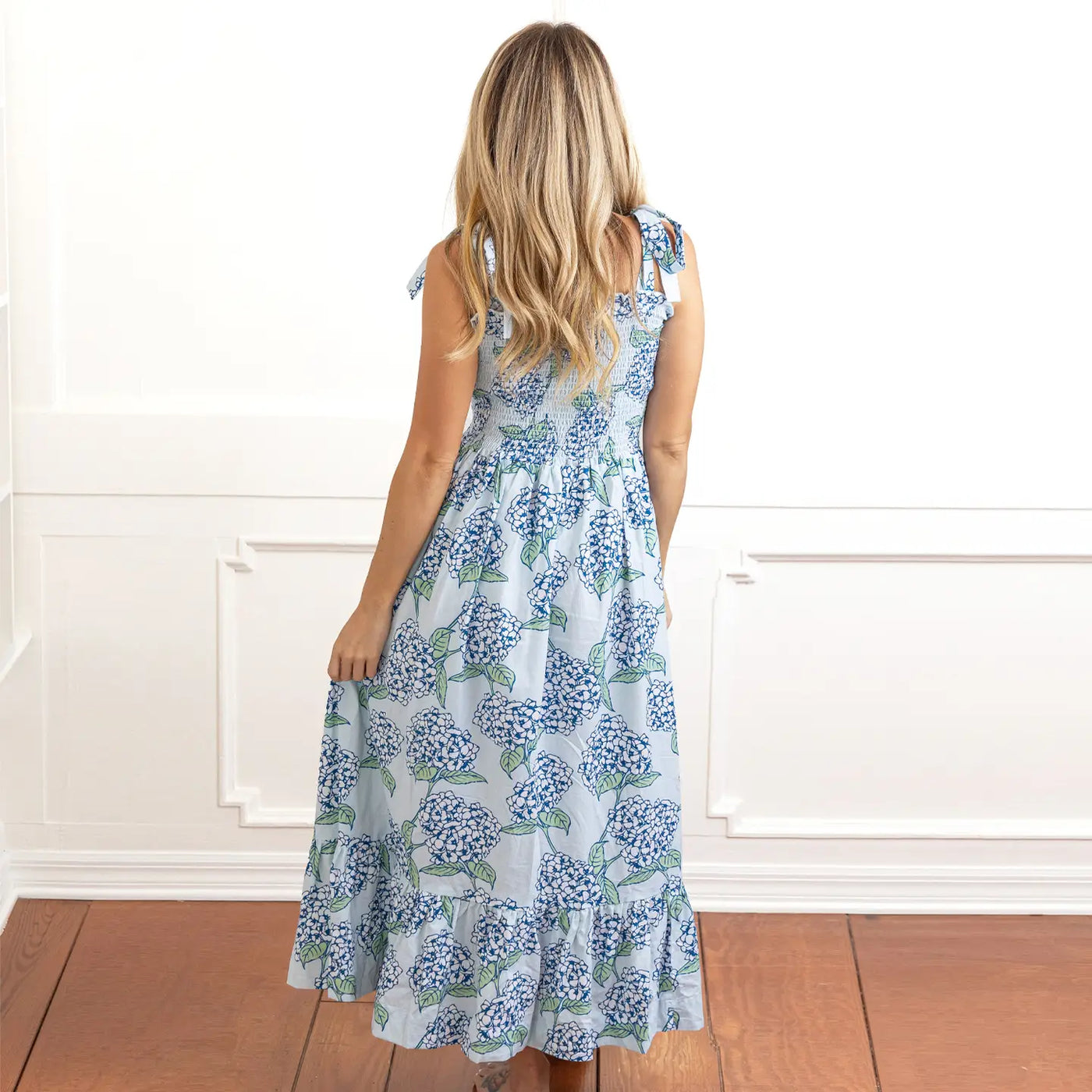 Hydrangea Stem Tie Top Smocked Maxi Dress