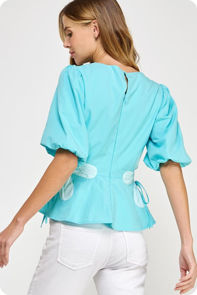 Flower Color-Block Poplin Top- Aqua Blue