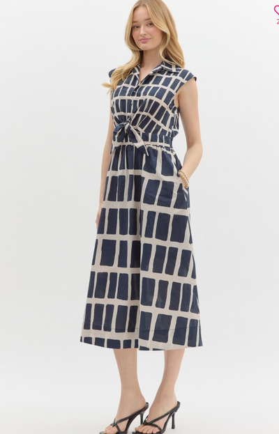 Abstract Print Waist Tie Dress- Navy