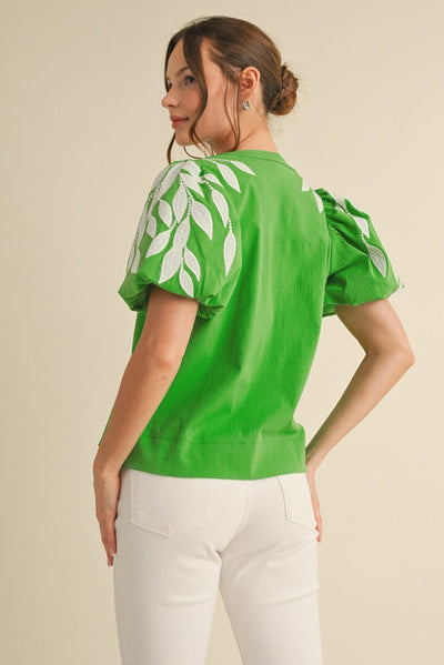 Leaf Embroidered Puff Sleeve Top