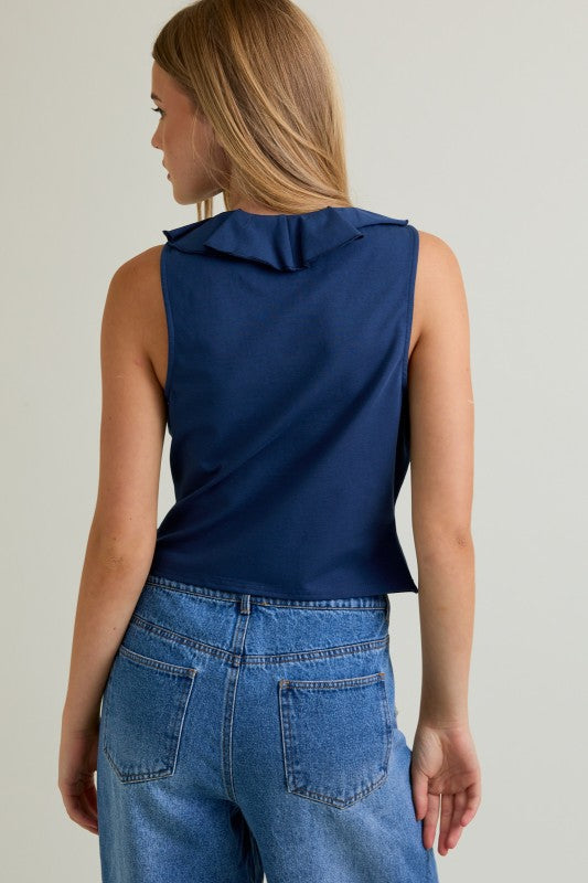 Navy Sleeveless V-neck Ruffle Tie Front Knit Top