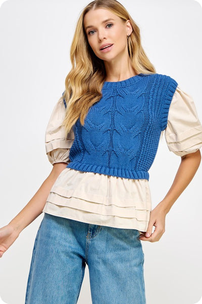 Mixed Fabric Cable Knit Top