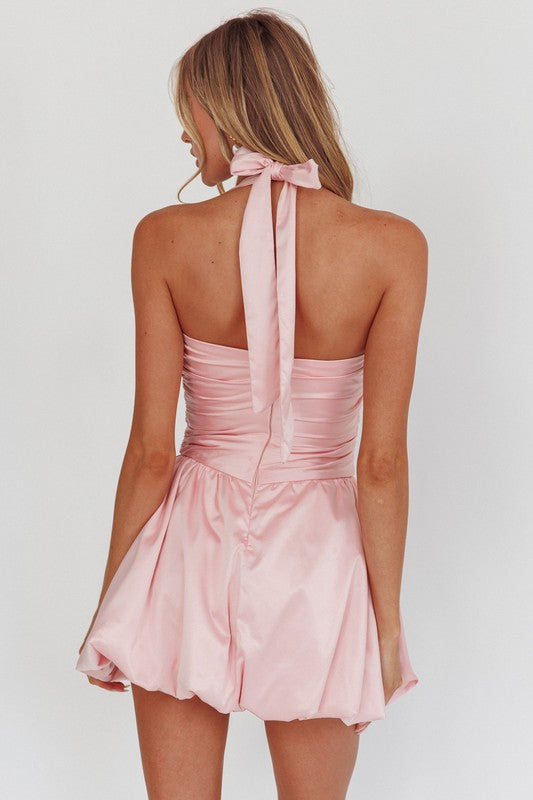 Pink Bubble Hem Halter Mini Dress