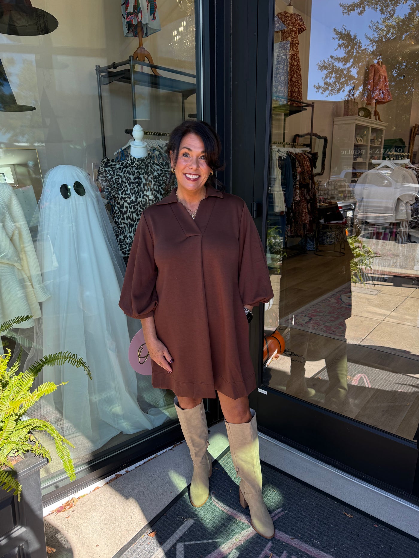 Brown Front Pleated Comfy Dress