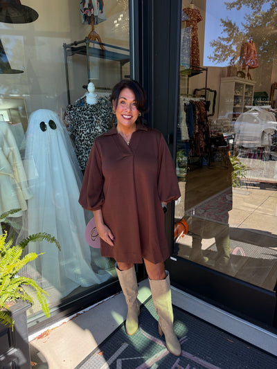 Brown Front Pleated Comfy Dress