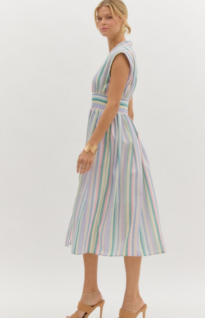 Cinched Waist Midi Dress- Pastel Stripes