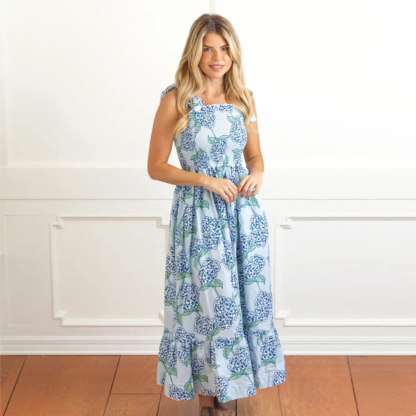 Hydrangea Stem Tie Top Smocked Maxi Dress