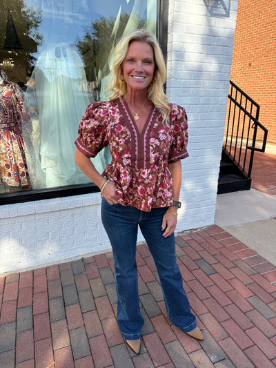Brown Floral Scallop Detail Top