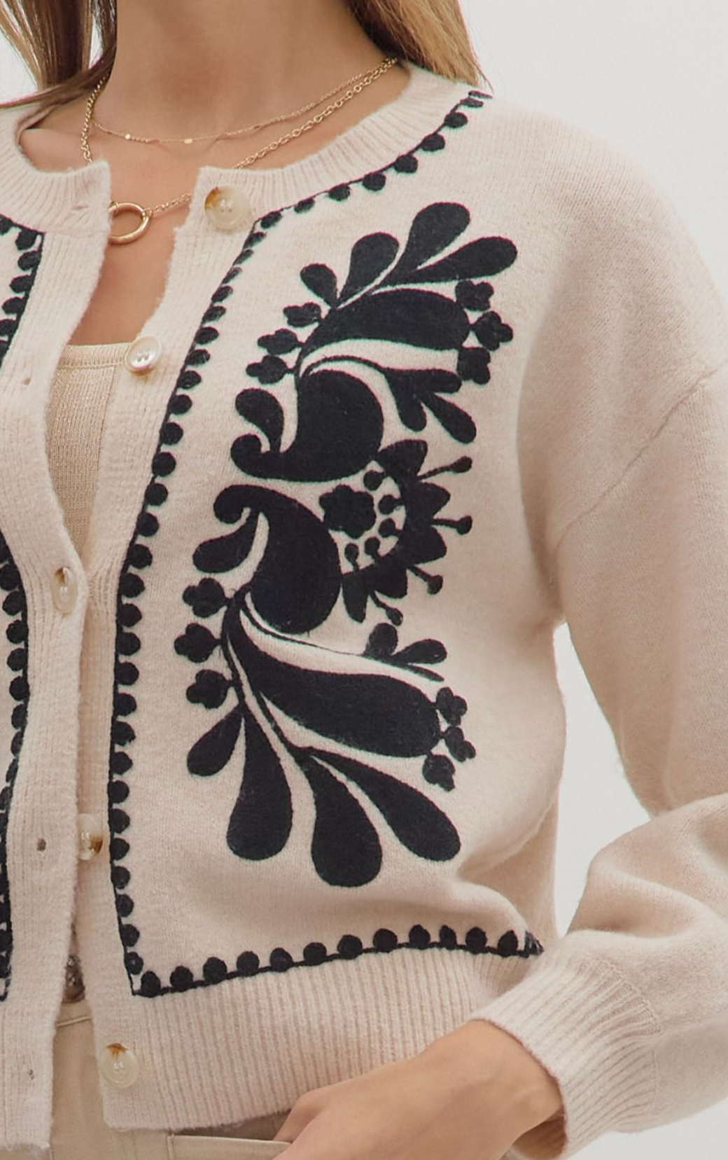 Cream and Black Embroidered Sweater Cardigan