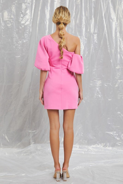 Dropped Puff Sleeve Dress- Bright Pink