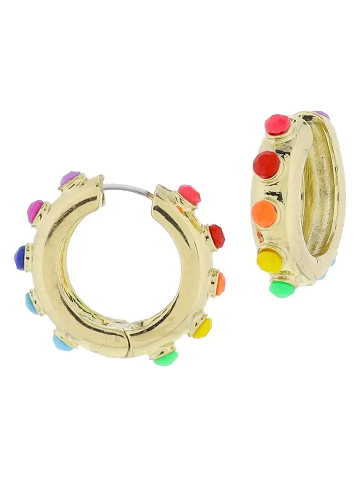 18K Gold Plated Thick Gold Hoop W/ Multi Color Gems