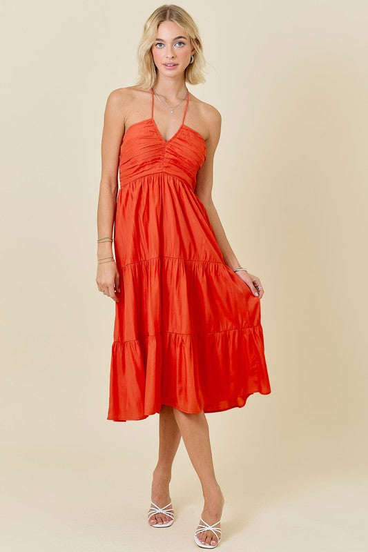 Orange Halter Tiered Midi Dress