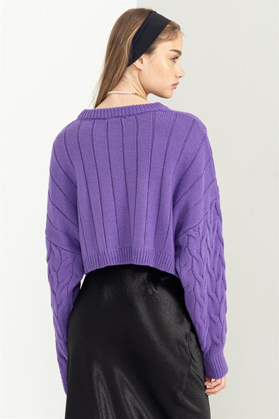 Cropped Cable Knit Sweater-Purple
