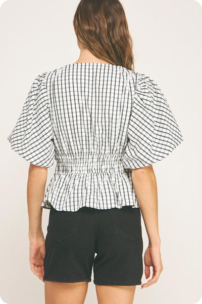 Ivory/Black Checkered Puff Sleeve Top