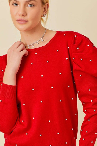 Rhinestone Studded Sweater- Red