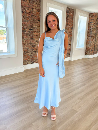 Blue Tie-up Shoulder Satin Maxi Dress