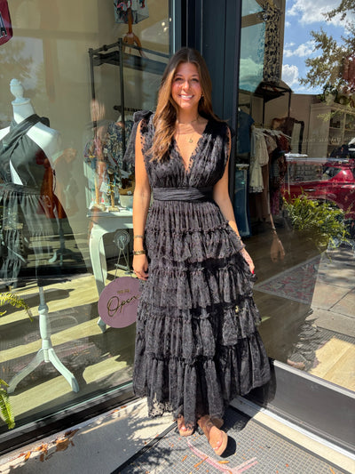 Dot Lace Mesh Tiered Maxi Dress- Black