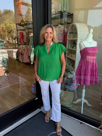 Green Embroidery Detail Sleeve Top