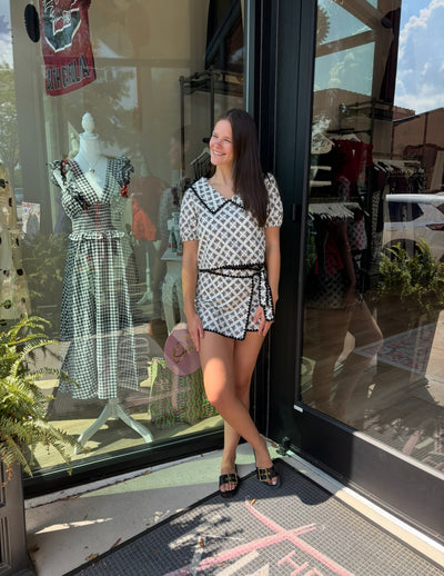 Cream and Black Bold Print Contrast Trim Skort