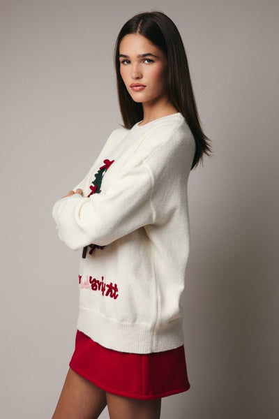 Cream Bow Tree Christmas Sweater