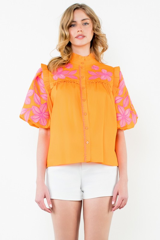 Orange Embroidered Puff Sleeve Poplin Top