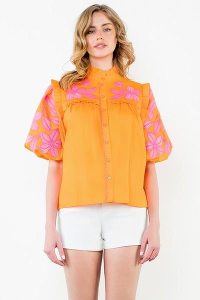 Orange Embroidered Puff Sleeve Poplin Top