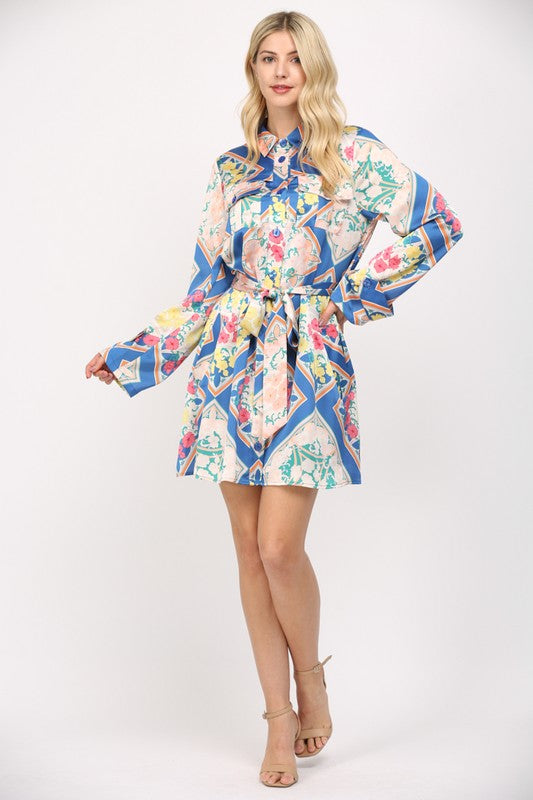 Scarf Print Dress- Blue Multi